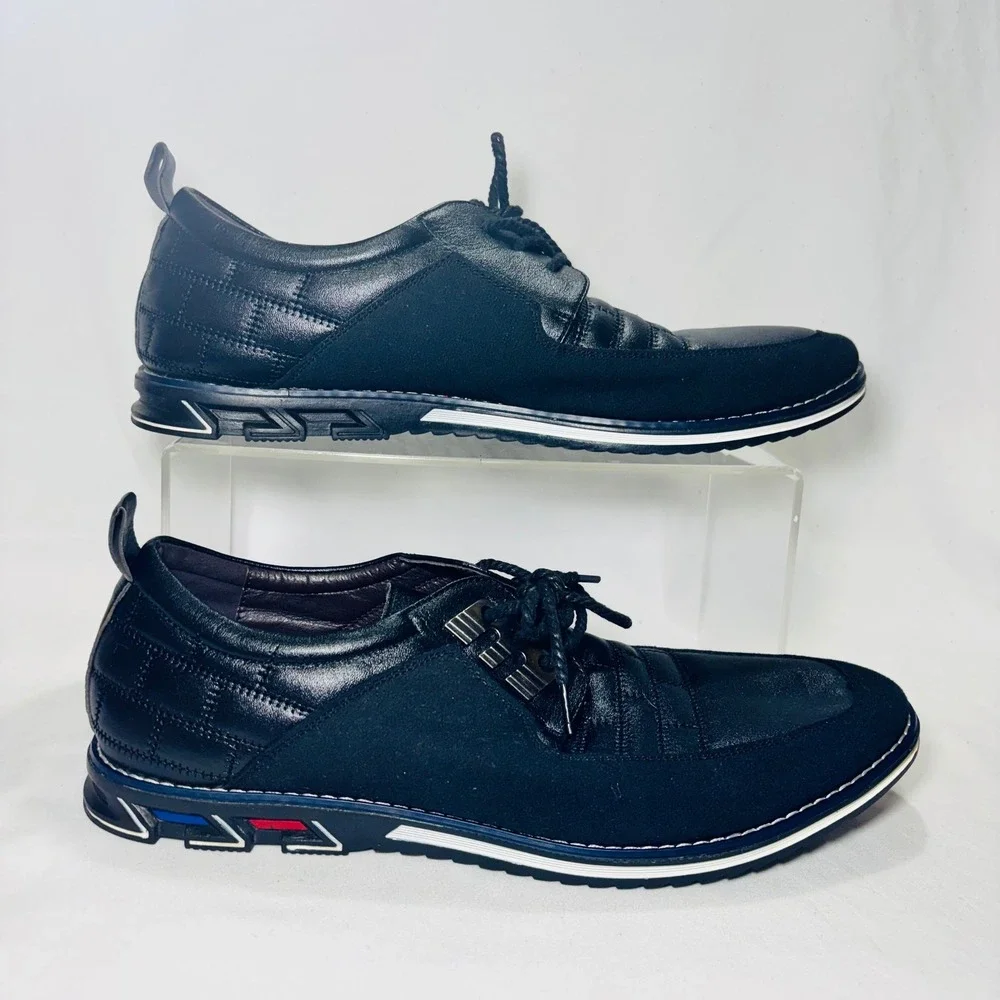Cosidre Mens Black Leather Mixed Media Quilted Fashion Sneakers E034 Size 47